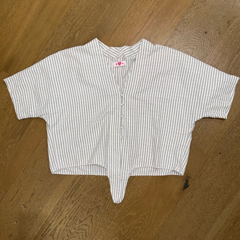 Buddy Love White and Light Gray Striped‎ Cropped Button Top